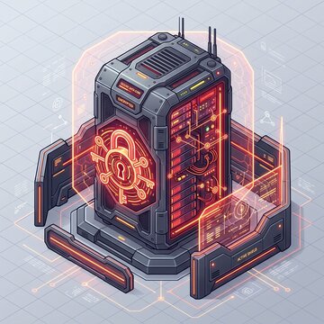 Isometric 3D Secured Server Rack Icon with Floating Encryption Keys
