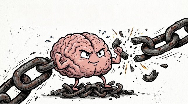 Strong brain character breaking heavy metal chains overcoming addiction limitation and mental barrier cartoon vector illustration