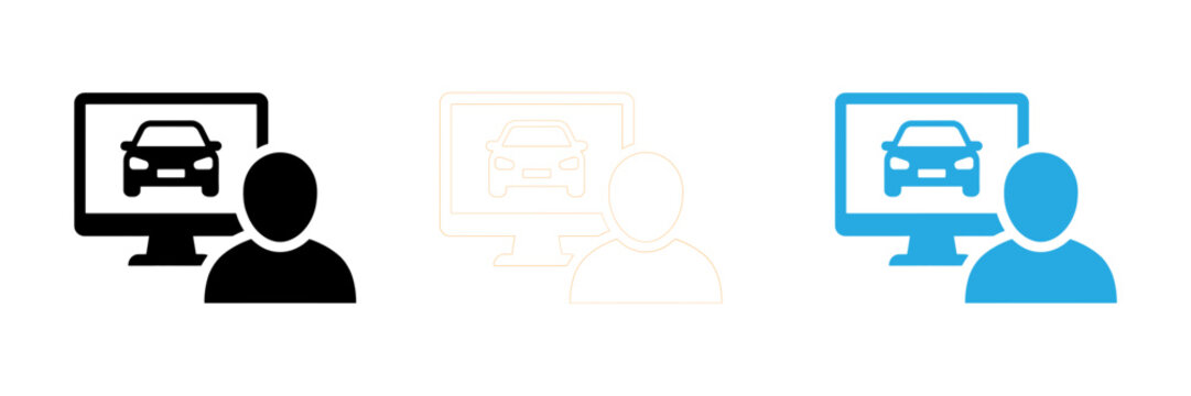 Set of three icons showing a person looking at a car on a computer screen monitor display