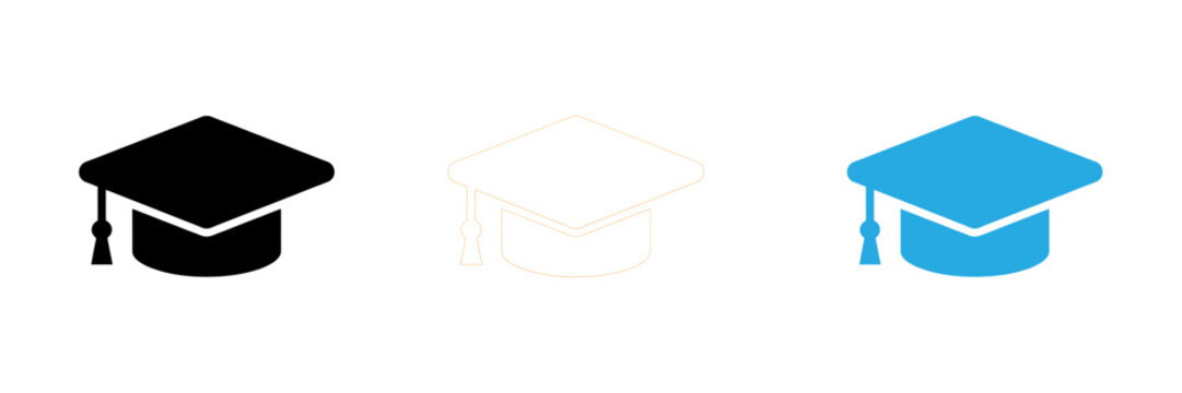 Set of three graduation cap icons in black outline and blue styles for academic and education design projects