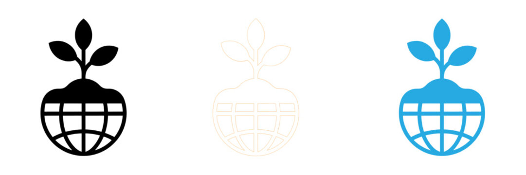 Set of three stylized globe icons with sprouting leaves representing global ecology and environmental sustainability concepts