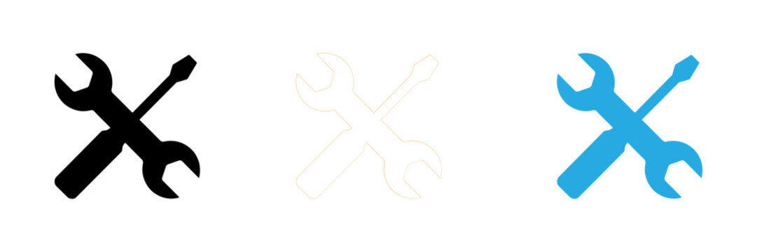 Set of three crossed wrench and screwdriver icons in black outline and blue styles for repair concepts