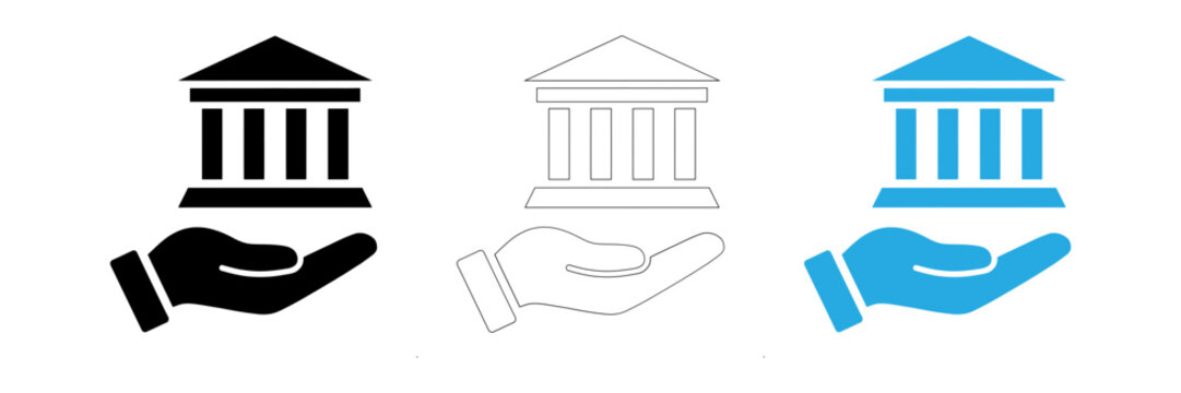 Financial institution support with building and hand icons in three color variations