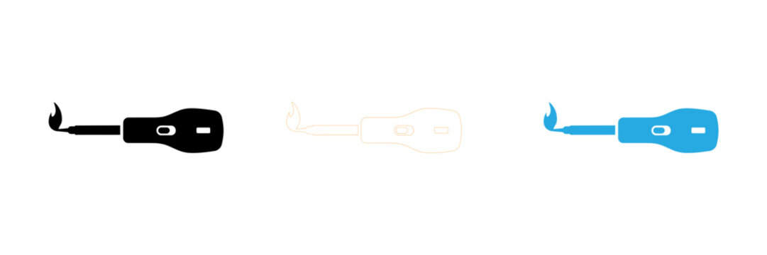 Set of three soldering iron icons featuring solid outline and blue styles for electronics and repair concepts