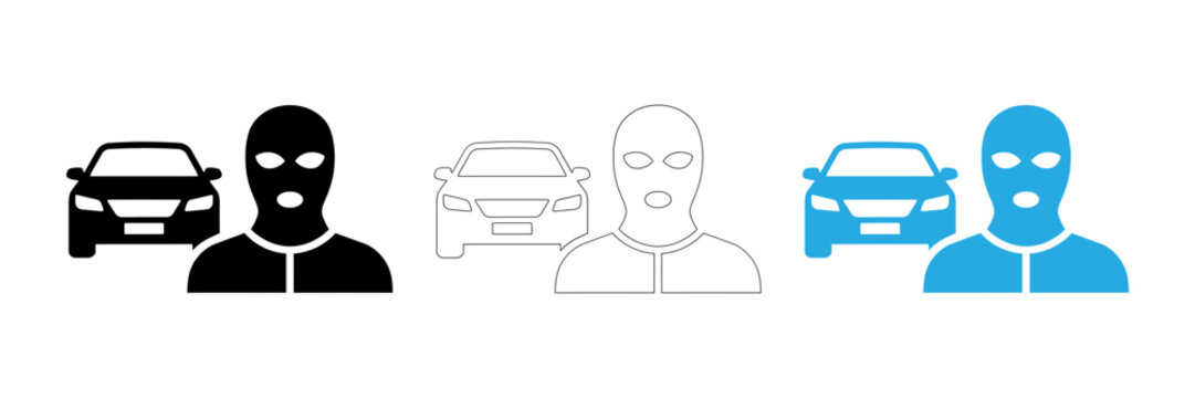 Car theft concept with masked figure and vehicle illustration in multiple color variations