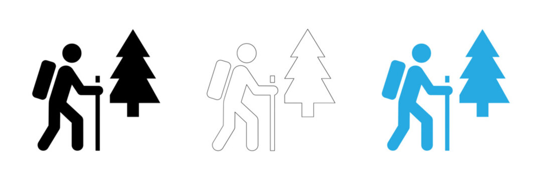 Hiking icon set including black line art and blue filled versions with a tree