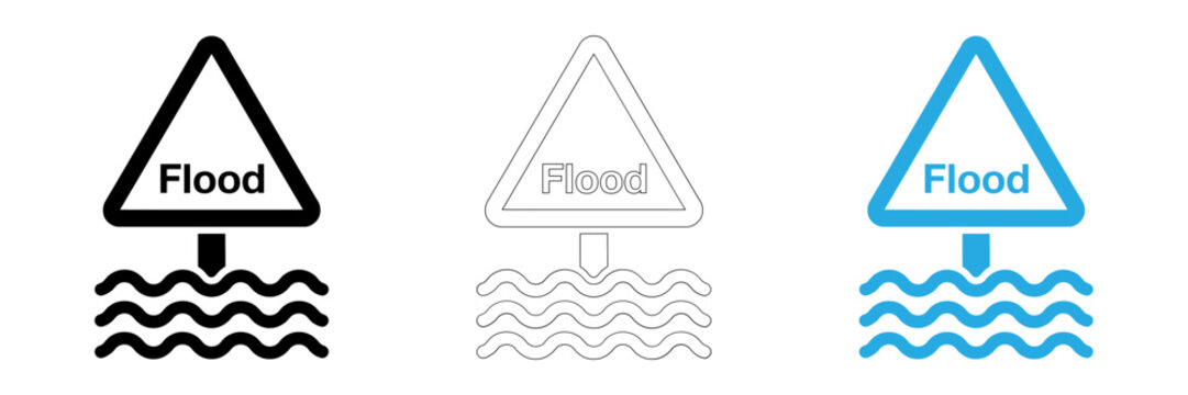Flood warning sign in three different styles black outline and blue fill