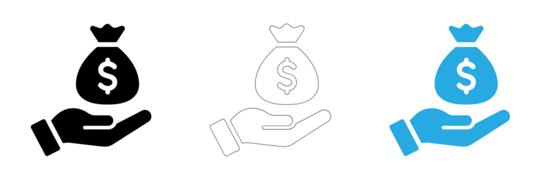 Hand holding a bag of money in three different color variations
