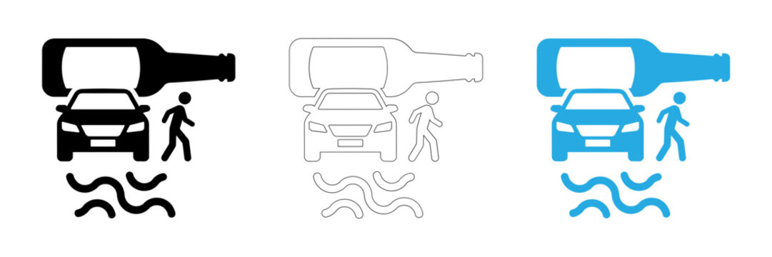 Drunk driving awareness concept with bottle over car and person silhouette