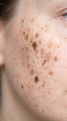 Fototapeta premium Closeup view of natural female cheek skin texture with brown freckles and sun spots showing authentic skin imperfections