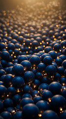 Obraz premium Abstract background featuring many dark blue spheres with glowing warm fairy lights in between them