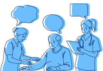 Fototapeta premium A female nurse caring for an elderly male patient, communicating using speech bubbles. A line-sketch illustration with blue silhouettes