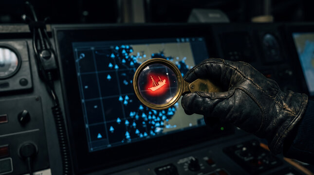 A hand wearing a leather glove holding a magnifying glass over a digital ship tracking radar screen