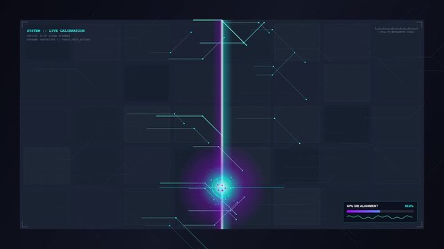 Futuristic digital user interface HUD showing system live calibration for GPU die alignment with vertical scanning light beam, circuit connection nodes, and technical data overlays.