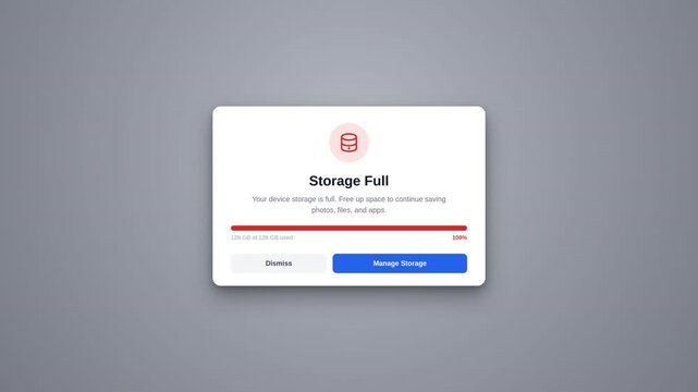 Memory storage full notification in white background