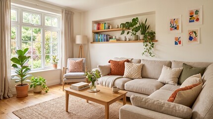 Fototapeta premium Modern living room interior featuring beige sectional sofa, wooden coffee table, jute rug, recessed wall shelves with books and plants, large white window, and vibrant indoor greenery.