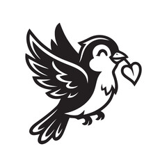 Fototapeta premium Cute bird flying carrying a heart shape black and white vector