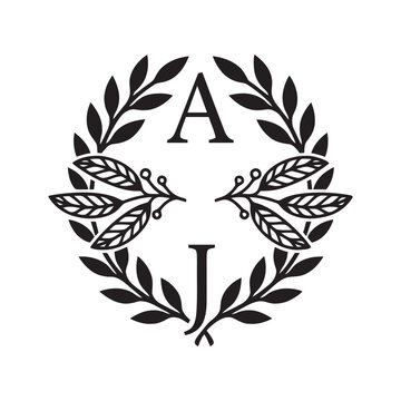Laurel wreath monogram with letters A J black and white vector