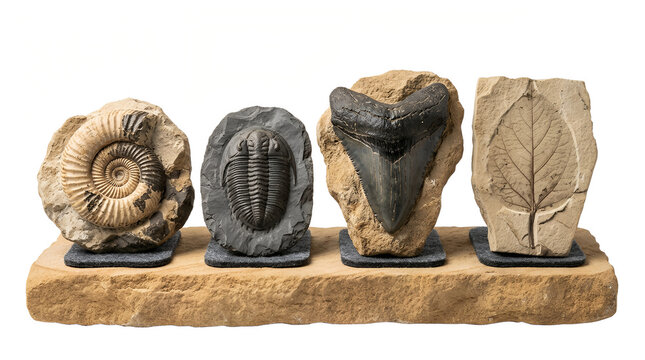 Fossil collection including ammonite trilobite shark tooth and leaf imprint on white background