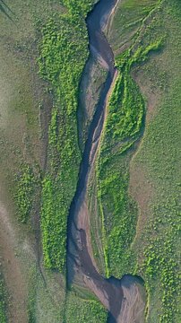 Aerial View Drought Stricken Riverbed Lake Dam at Sunset