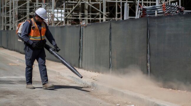 Construction worker clearing debris with leaf blower