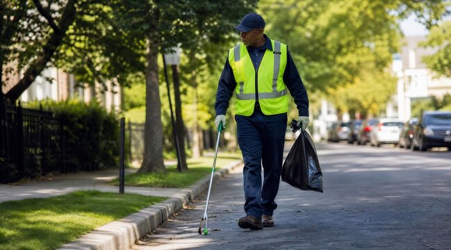 Worker collecting trash on suburban street