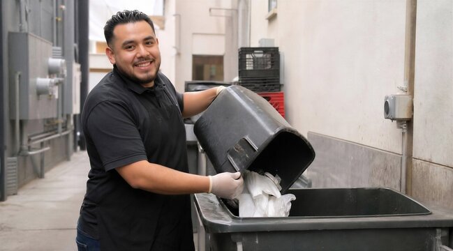 Worker disposing of trash in bin