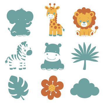 Cute Cute Baby Safari Animals Clipart, 9 Simple Clipart Elements