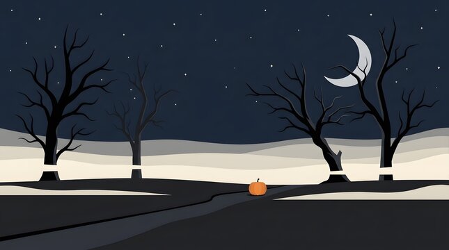 A serene halloween night scene depicts a quiet road under a crescent moon with bare trees and a glowing pumpkin