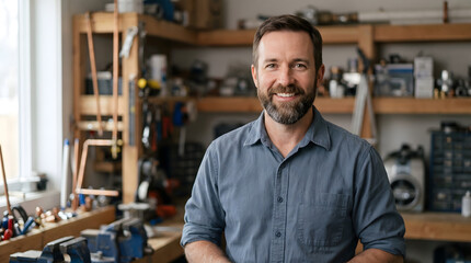 Obraz premium craftsman smiling in workshop with tools and equipment
