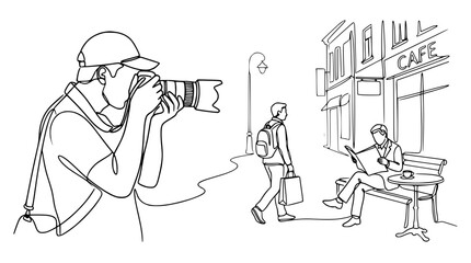 Continuous line drawing of photographer capturing street scene with cafe and people © Orti