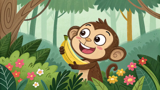 Joyful cartoon monkey with banana in lush jungle environment illustration
