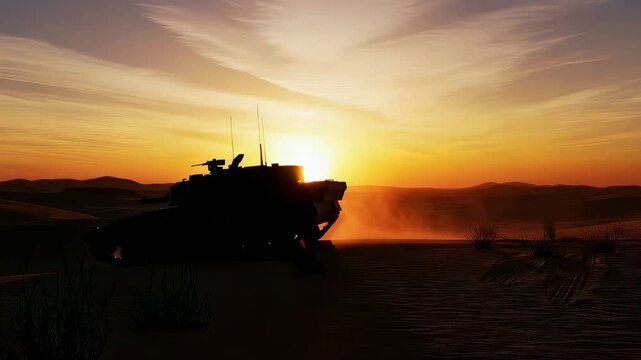 Military tank driving across desert landscape during sunset. Armored vehicle moving through sand dunes, combat machine patrolling area, defensive war operation.