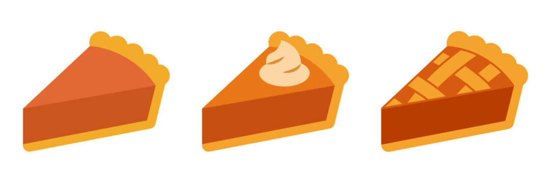 Three delicious slices of autumn pumpkin and fruit pie on white background.
