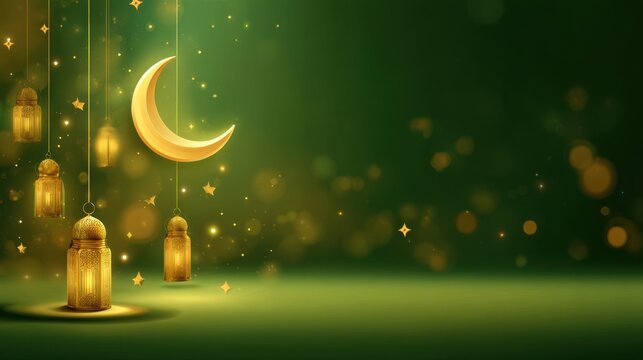 Festive green background with glowing lanterns and crescent moon for Ramadan.