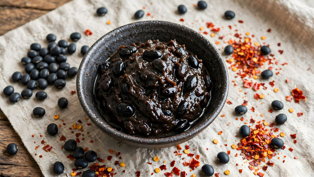 Fermented Black Bean Paste in Bowl: A rustic ceramic bowl brimming with dark, savory fermented black bean paste, garnished with whole beans and scattered chili flakes on a textured linen cloth.