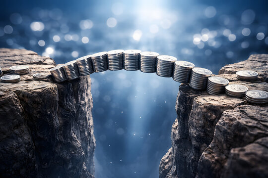 Coin arch bridge connecting two cliffs over chasm for financial bridge and risk investment concept