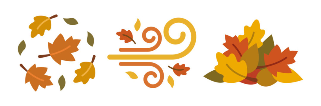 Set of autumn leaves and wind blowing icons.