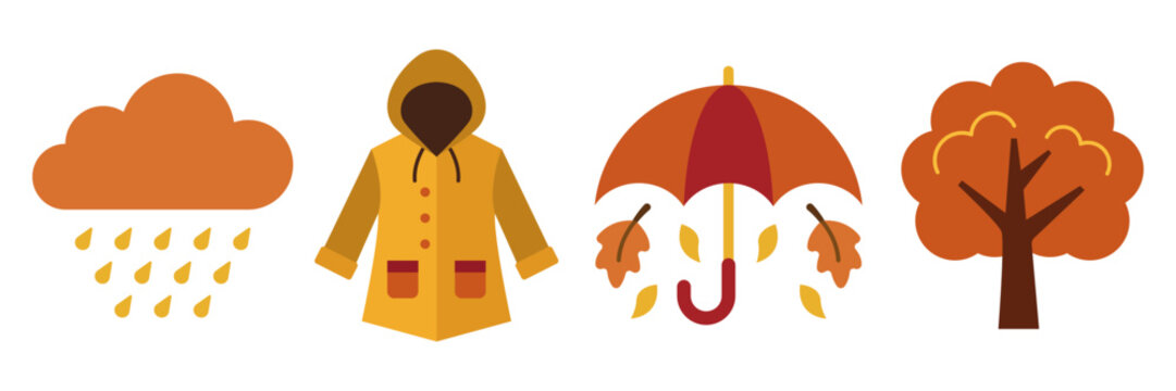 Set of autumn seasonal icons featuring rain cloud raincoat umbrella and tree.