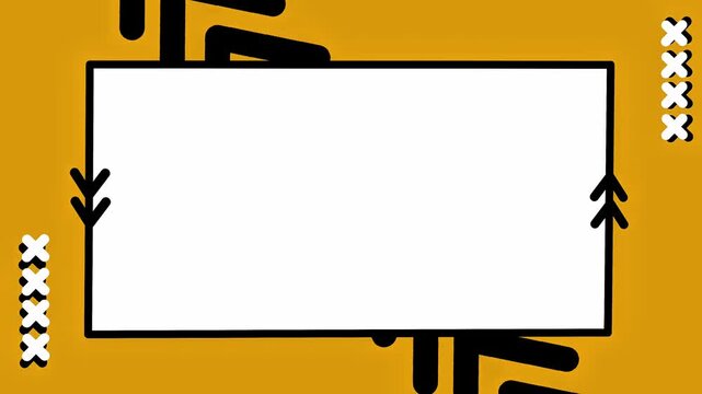Minimalist motion orange memphis style background with a white rectangular frame black edges hand drawn geometric patterns and large central copy space for text design