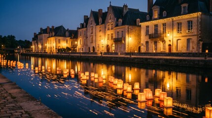 Naklejka premium Rows of glowing paper lanterns floating on a river canal in a historic European city at night with illuminated medieval stone buildings reflecting on the water surface during a festival.