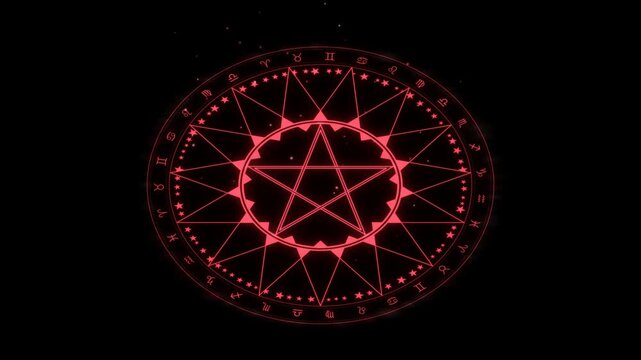 Ruby Red Magic Circle Summoning Ritual With Glowing Pentagram Zodiac Runes And Starfield Igniting On Black Background 4K Luma Key Overlay