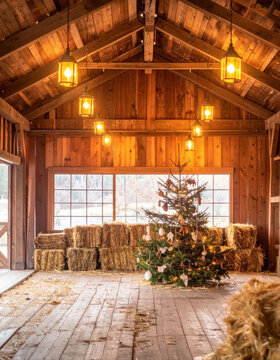 Rustic barn christmas tree warm light hay bale wooden wall country holiday festive decoration winter season cozy interior rural house Rustic barn Christmas tree warm light with Christmas Concept