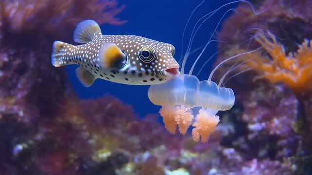 Puffer fish eating jellyfish in deep blue underwater habitat