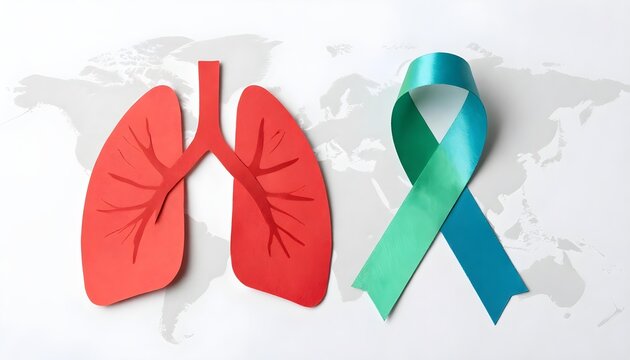 World map with a green and teal awareness ribbon, signifying Pulmonary Fibrosis Awareness Month and a message of hope