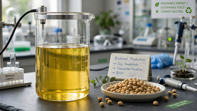 Biodiesel Production Lab: A scientific laboratory setting showcases the process of biodiesel production, featuring a beaker filled with golden biodiesel, soybeans, and scientific equipment.
