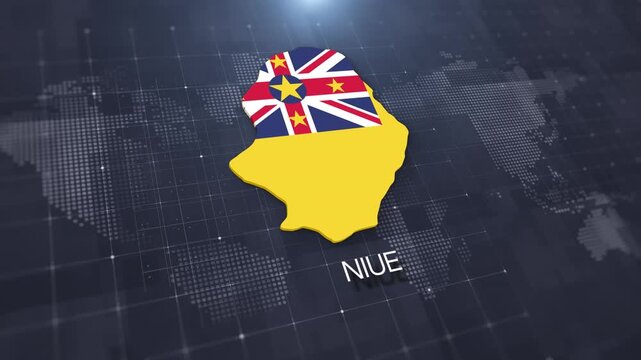 Niue map with national flag on digital world map background, geographic border, global political and international news concept