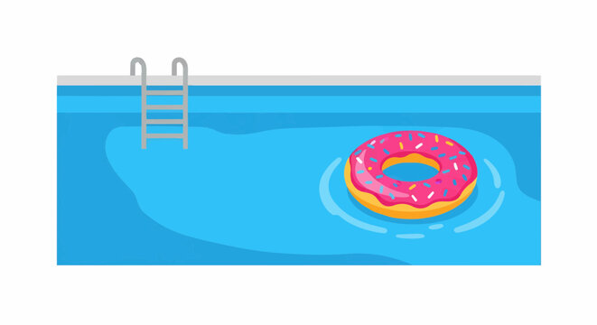 Pink Donut Inflatable Pool Float Floating in Blue Swimming Pool Water with Ladder Vector Illustration for Summer Vacation and Leisure Design