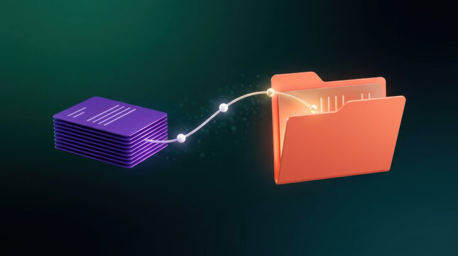 Data migration and digital file transfer from document stack to secure cloud folder representing modern information management