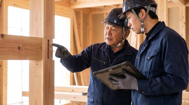 建設現場の木造構造部でタブレットを手にOJT指導と技術継承を行う現場監督と若手技術者の日本人男性